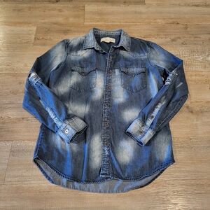 Vintage Havana Faded Blue Denim Shirt with Elbow Distressed Patched Womens Small